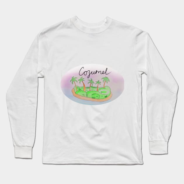 Cozumel watercolor Island travel, beach, sea and palm trees. Holidays and vacation, summer and relaxation Long Sleeve T-Shirt by grafinya